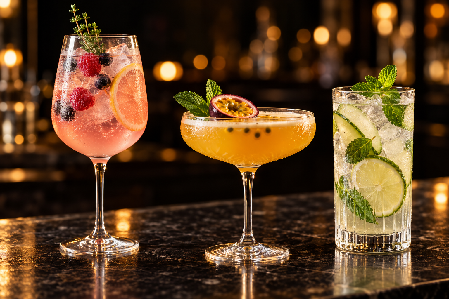 AI-generated illustration of three fruit and herb mocktails in a wine glass, coupe and highball on a dark bar.