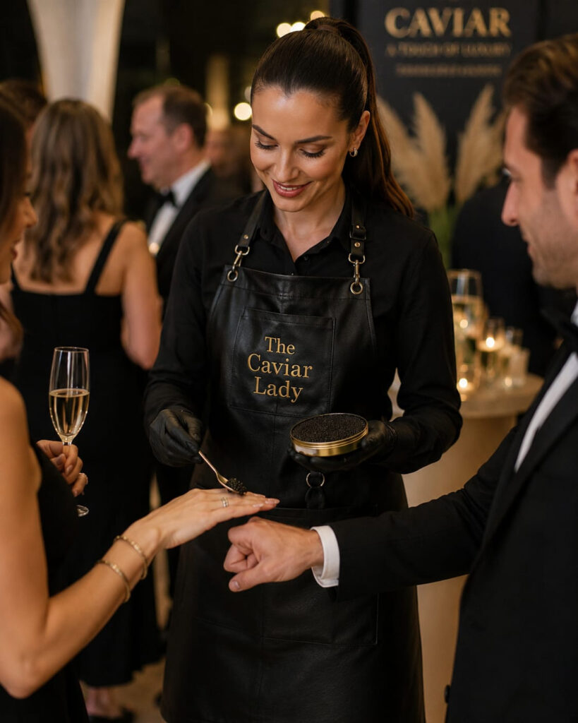 Caviar service presented from a wearable serving display at an event.