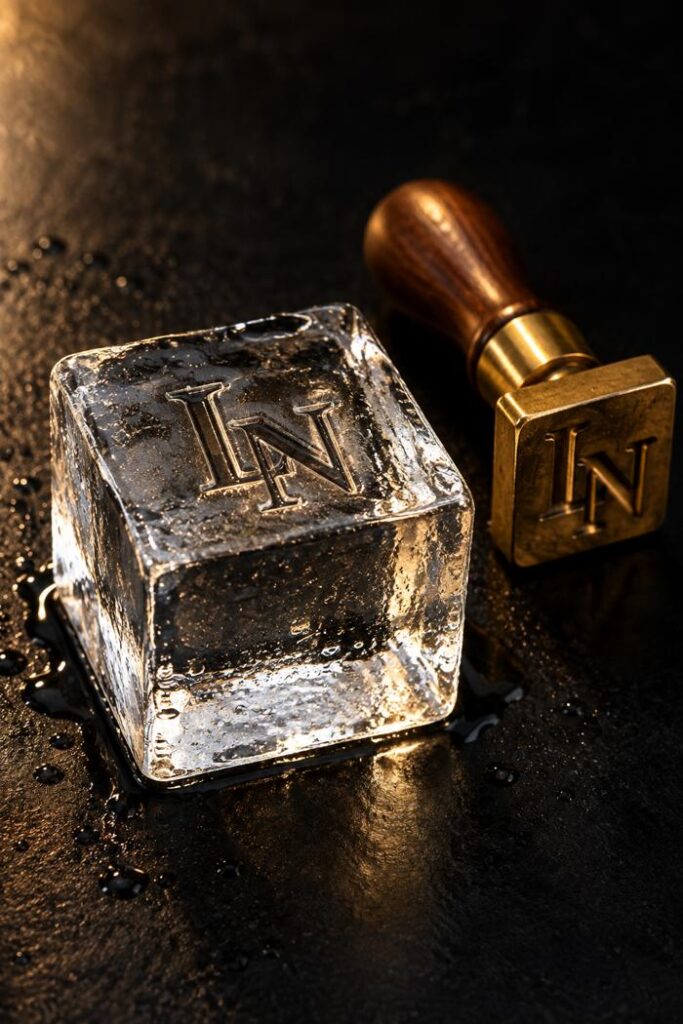 AI-generated illustration of a clear ice cube with an LN monogram beside a brass ice stamp.