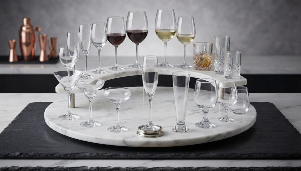 Assorted event glassware arranged for beverage service.