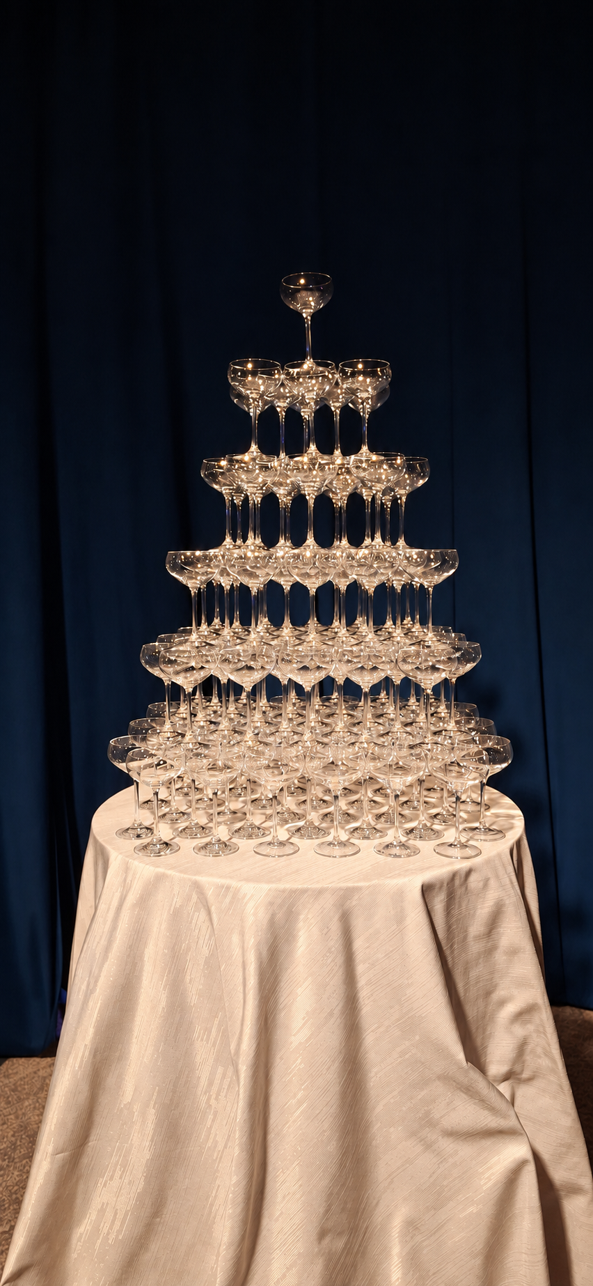 Tiered champagne coupe tower on a draped table against dark curtains