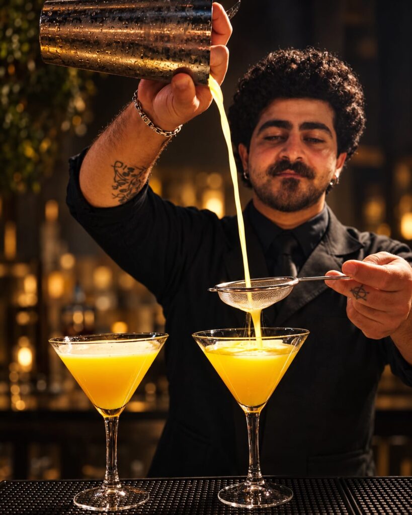 Riza pouring a yellow cocktail through a strainer behind the bar