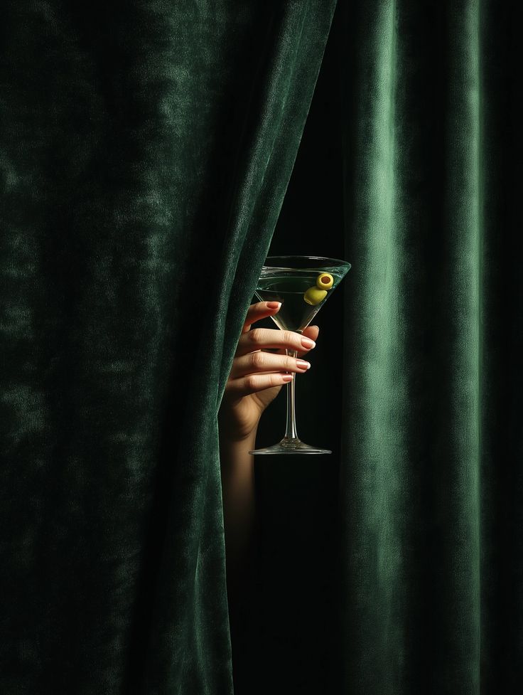 A hand holding an olive-garnished martini between dark emerald velvet curtains.