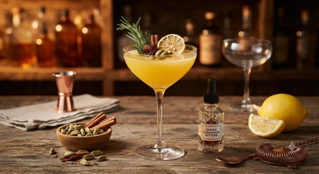Yellow drink in a coupe glass garnished with dried citrus, rosemary and spices on a wooden bar.