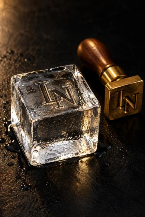 AI-generated illustration of a clear ice cube with an LN monogram beside a brass ice stamp.