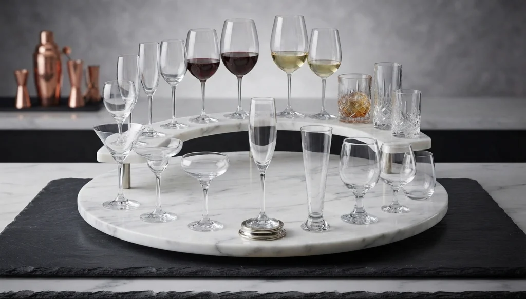 Assorted event glassware arranged for beverage service.