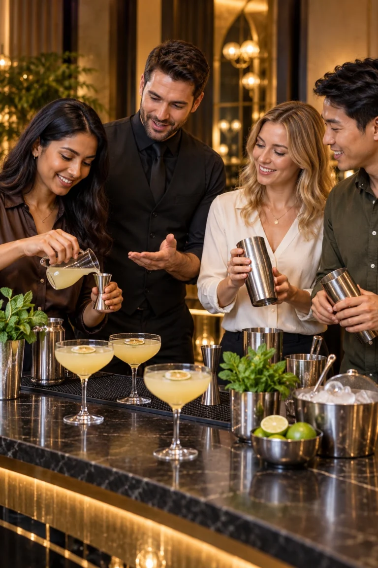 AI-generated illustration of colleagues taking part in a guided cocktail and mocktail workshop.