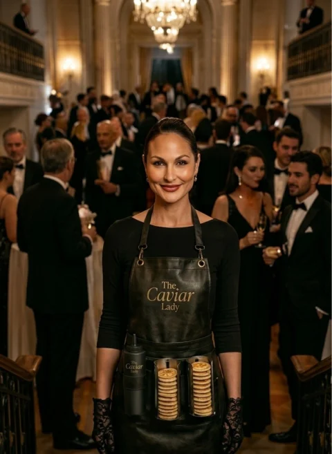 Promotional illustration of a Caviar Lady wearing a serving apron among guests at a formal reception